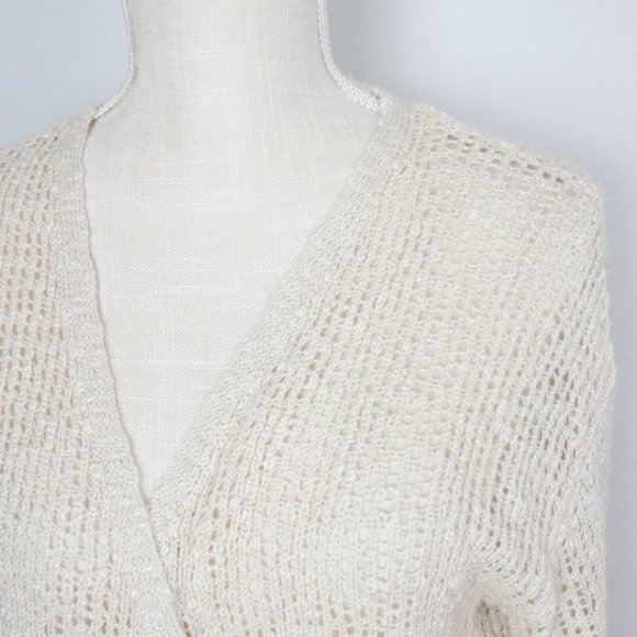 Hem & Thread Tan Cream Wrap Top Balletcore Long Sleeve Open Knit Sweater Medium - Picture 8 of 11